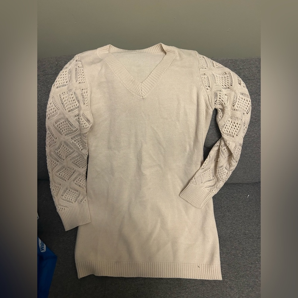 Cream Knit Sweater with Lace Sleeves